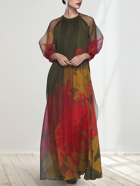 

Vacation Floral Loose Crew Neck Dress, As picture, Maxi Dresses