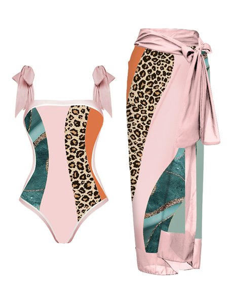 

Vacation Animal Printing One Piece With Cover Up, Pink, Coverups