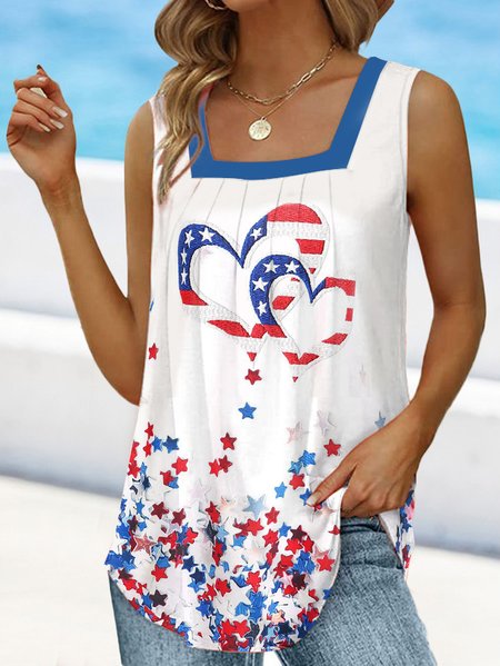 

Independence Day Star Loose Square Neck Casual Tank Top, White, Tanks & Camis