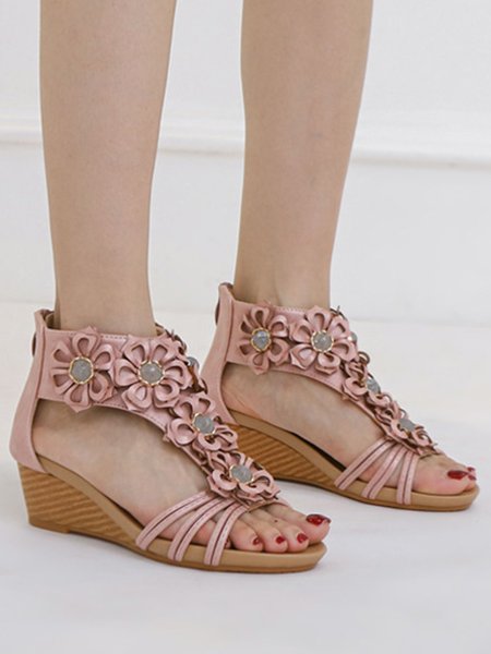 

Vintage Appliquéd Comfort Soft Wedge Sandals, Pink, Sandals