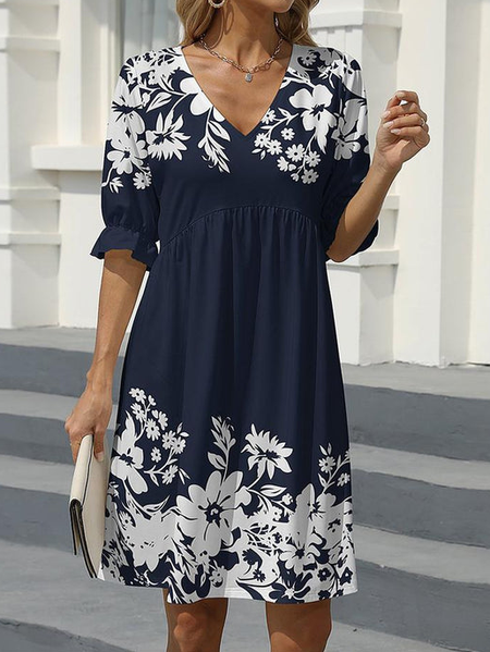 

V Neck Flare Sleeve Floral Loose Casual Dress, Dark blue, Dresses