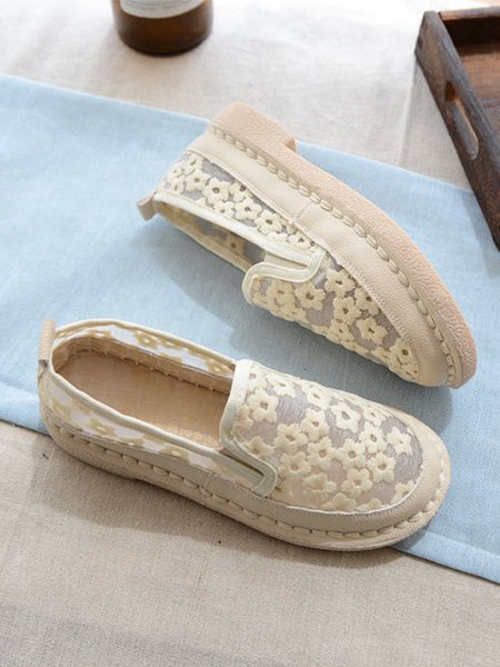

Floral Embroidery Breathable Mesh Flat Espadrilles Shoes, Apricot, Flats