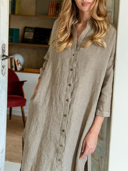

Cotton Striped Stand Collar Cotton Dress, Light coffee, Midi Dresses