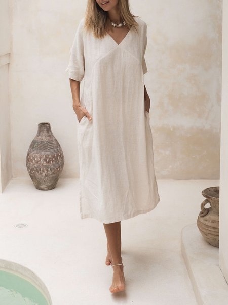 

Ruched V Neck Cotton Dress, White, Midi Dresses