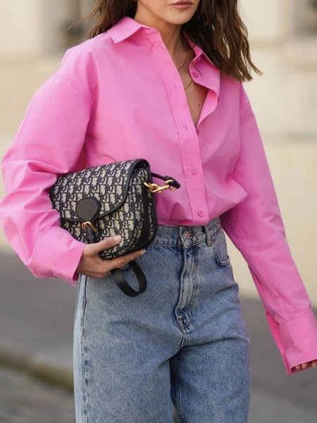 

Urban Plain Loose Shirt Collar Blouse, Pink, Blouses and Shirts