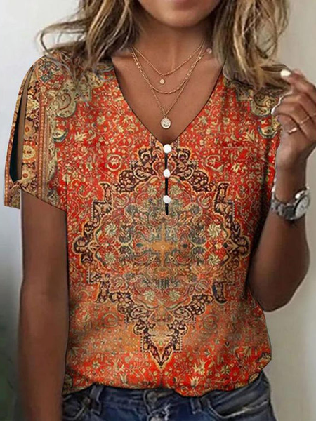 

Ethnic Buckle Loose V Neck T-Shirt, Red, T-Shirts