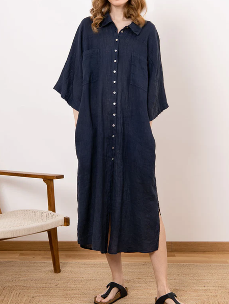 

Linen Plain Loose Shawl Collar Dress, Blue, Midi Dresses