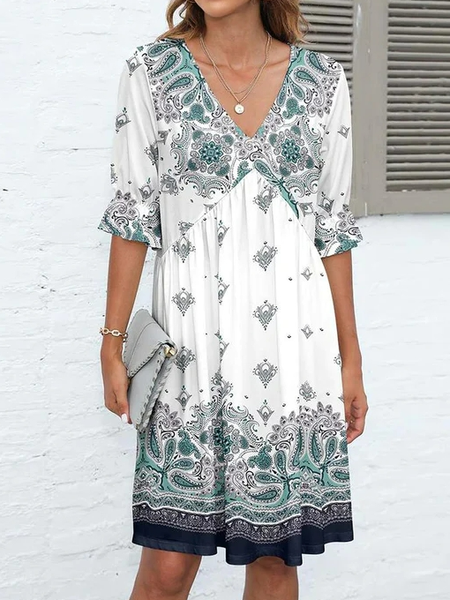

Loose Paisley Casual V Neck Dress, White, Dresses