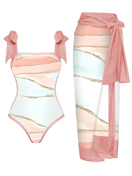

Stylewe Vacation Scoop Neck One Piece FashionSwimsuit With Cover Up, Pink, Coverups