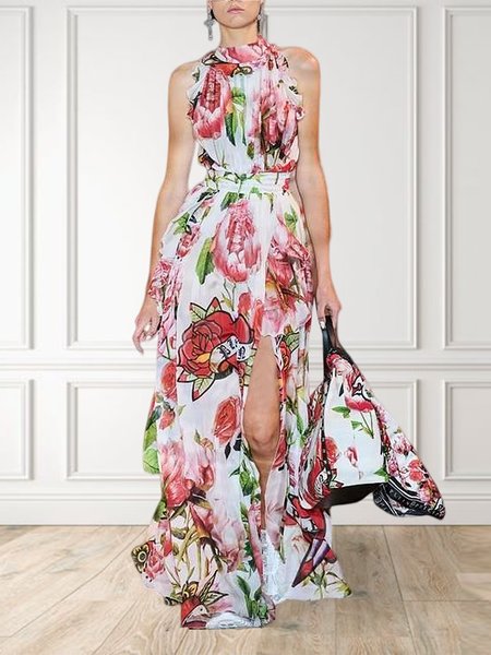 

Vacation Halter Floral Regular Fit Dress, As picture, Maxi Dresses