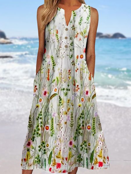 

Floral Loose V Neck Casual Dress, White, Dresses