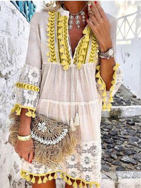 

3/4 Sleeve V Neck Holiday Boho Smock Dress, As picture, Basic Dresses