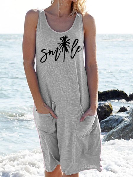 

Women's Smile Summer Vocation Print Crew Neck Casual Dress, Gray, Dresses
