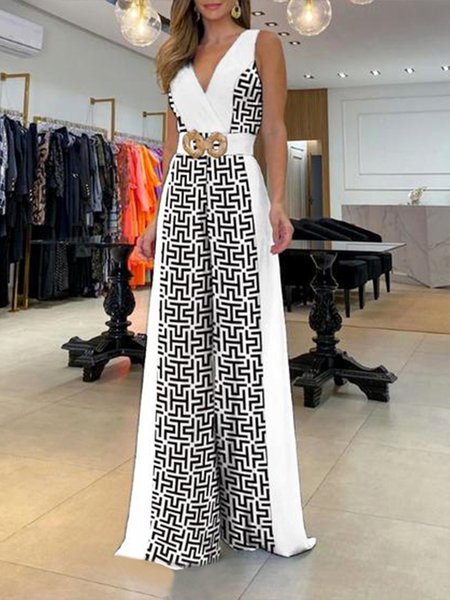 

Urban V neck Geometric Sleeveless Jumpsuit, White, Jumpsuits