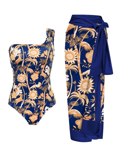 

Vacation Floral Printing One Shoulder One Piece With Cover Up, Blue, swimwear>>One-Pieces
