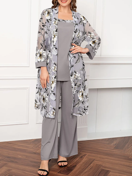 

Flycurvy Mother Of The Bride Grey Chiffon Mesh Floral Print Round Neck Stitching Three Piece Pant Suit, Gray, Tops