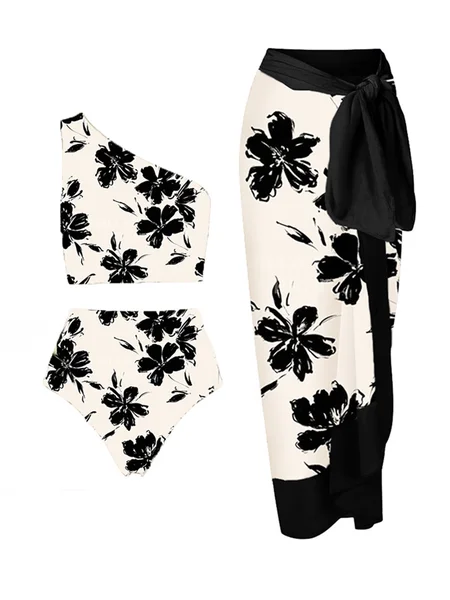 

Vacation Floral Printing One Shoulder Bikini With Cover Up, Black-white, swimwear>>Tankinis