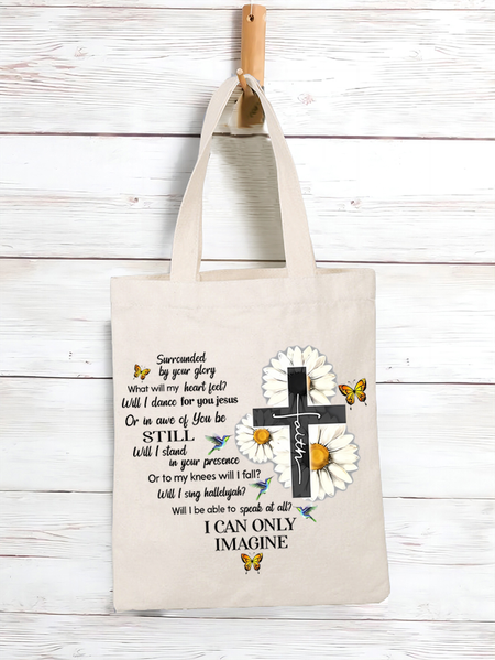 

Women's Mercyme I Can Only Imagine Daisy Cross Christian Daisy Text Letters Shopping Tote, White, Bags