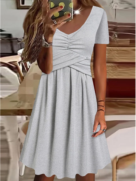 

V Neck Casual Loose Plain Dress, Gray, Mini Dresses