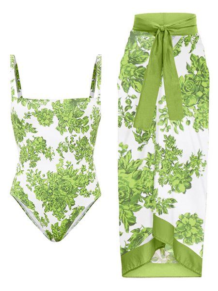 

Vacation Floral Printing One Piece With Cover Up, Green, swimwear>>One-Pieces