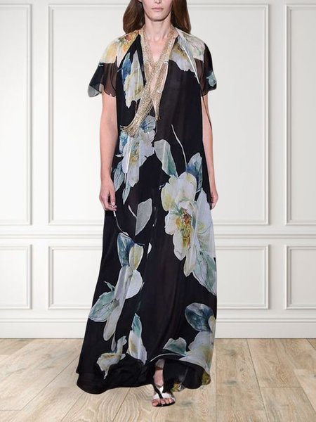 

V Neck Casual Loose Floral Dress, As picture, Maxi Dresses