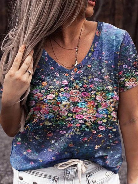

Plus Size Floral V Neck Floral-Print Casual T-shirt, Blue, TOPS