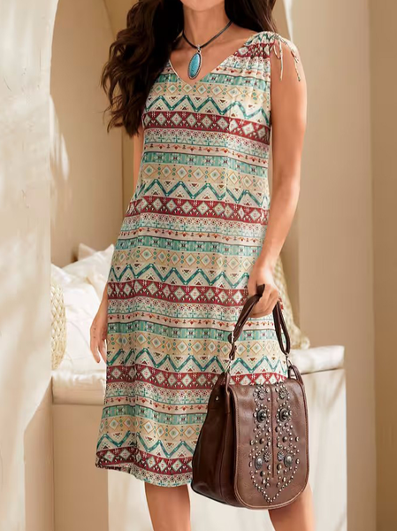 

Loose Ethnic Boho Crew Neck Dress, Green, Dresses