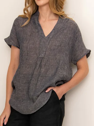 

Linen Cotton Plain V Neck Shirt, Gray, Tunics