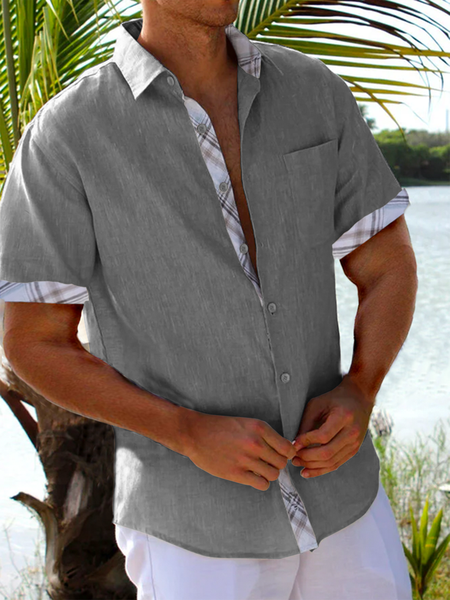 

Plaid Panel Short Sleeve Casual Shirt, Gray, Men Shirts