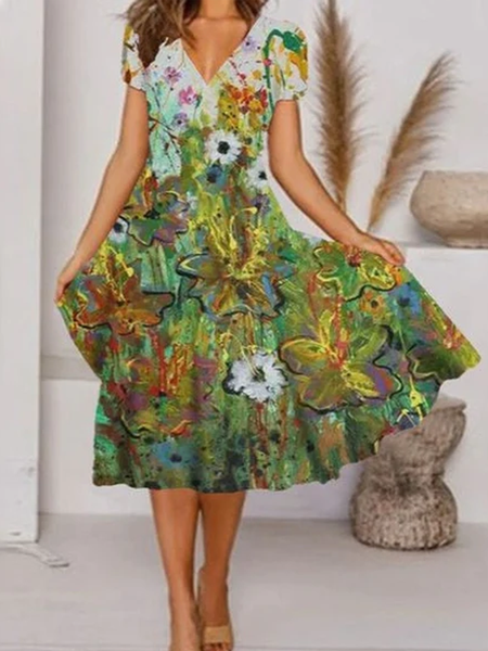 

Green Floral Print Short Sleeve Midi Dress, Dresses
