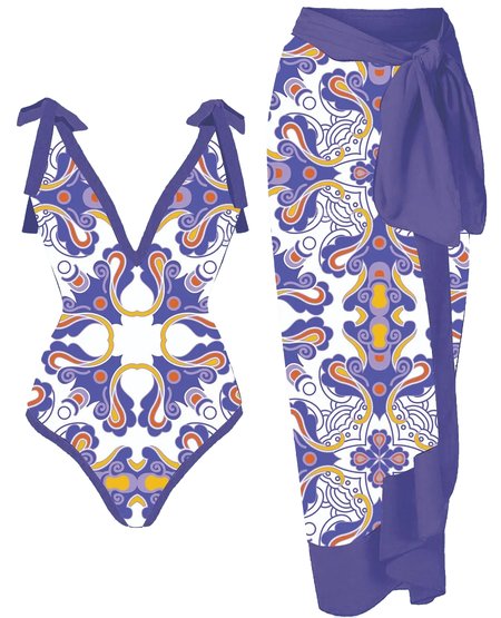 

Vacation Abstract Printing One Piece With Cover Up, Purple, Coverups