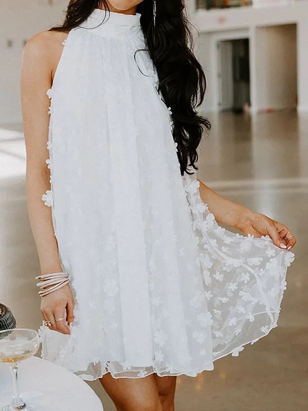 

Elegant Plain Sleeveless Stand Collar Loose Skirt Dress, White, Mini Dresses