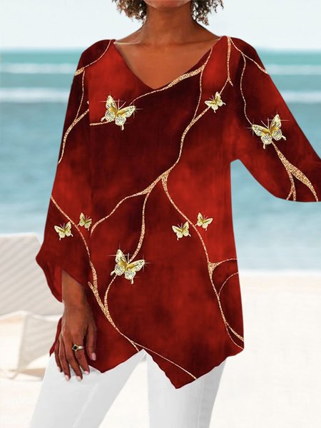

Butterfly Loose V Neck Color Block Casual Shirt, Red, Shirts & Blouses