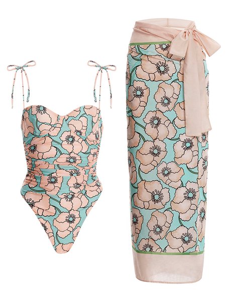 

Vacation Floral Printing Notched One Piece With Cover Up, Pink, Coverups