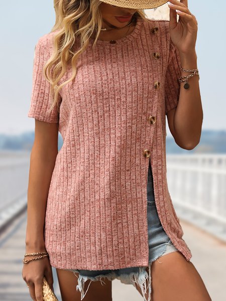 

Loose Crew Neck Buckle Casual T-Shirt, Pink, T-Shirts
