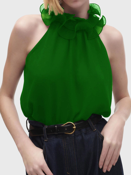 

Loose Elegant Lotus Leaf Collar Sleeveless Plain Loose Shirt, Green, Blouses and Shirts