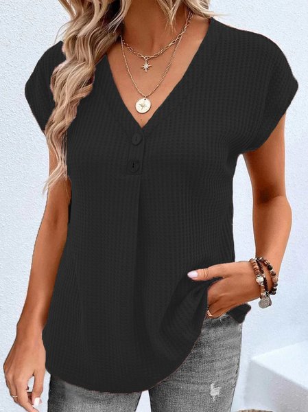 

V Neck Plain Casual Shirt, Black, Shirts & Blouses