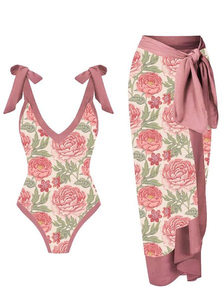 

Vacation Floral Printing V Neck One Piece With Cover Up, Dark pink, Coverups