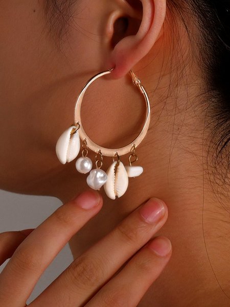 

Gold Metal Shell Pearl Earrings Women Vacation Jewelry Boho, As picture, Earrings