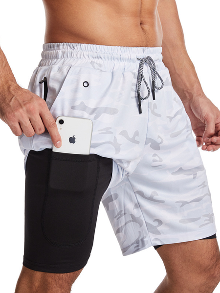 

2 in 1 Running Shorts with Phone Pocket Quick Dry Workout Gym Shorts, White-gray, Swim Bottoms