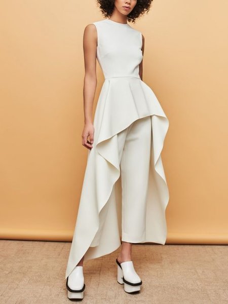 

Regular Fit Elegant Crew Neck Jumpsuit, Apricot, Jumpsuits
