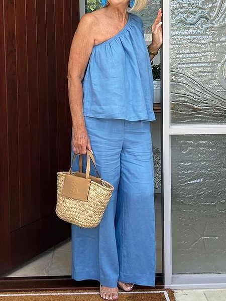 

Plain Linen One Shoulder Two-Piece Set, Blue, Suits