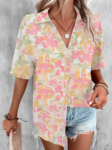 

Casual Shirt Collar Loose Floral Blouse, Pink, Shirts & Blouses