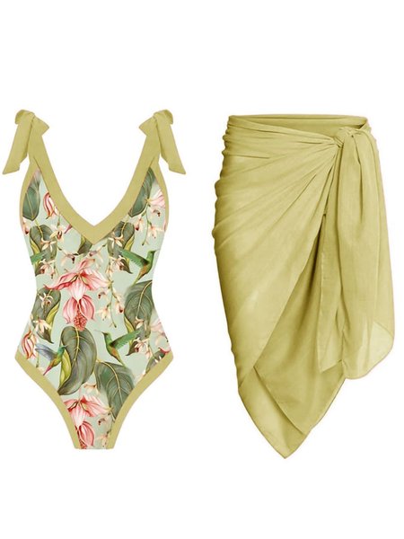 

Vacation Floral Printing V Neck One Piece With Cover Up, Green, Coverups