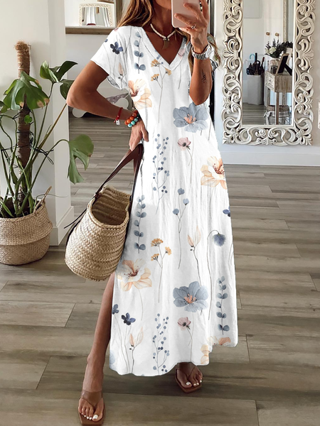 Floral V Neck Casual Dress, White, Maxi