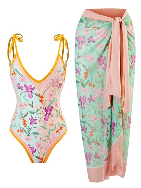 

Vacation Floral Printing V Neck One Piece With Cover Up, Pink, Coverups