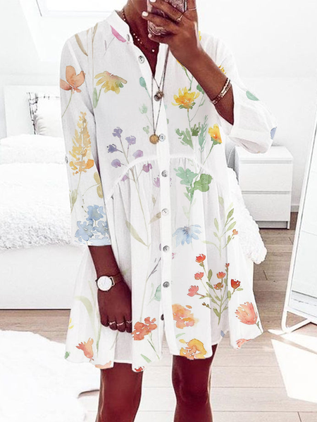 

Stand Collar Floral Casual Dress, White, Dresses