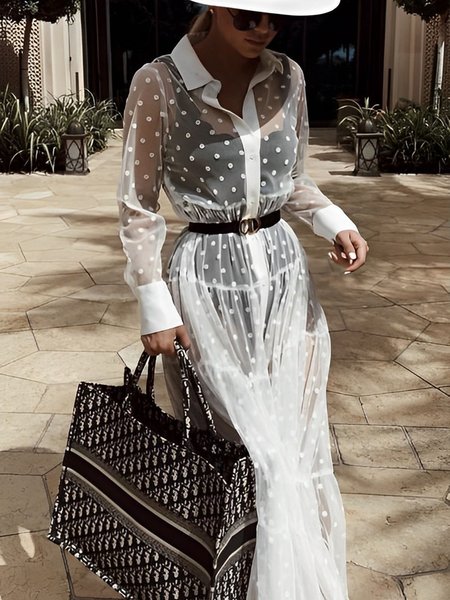 

Shirt Collar Polka Dots Elegant Kimono, White, Kimonos