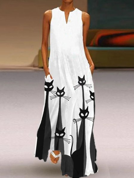 

Cat Loose Casual Notched Summer Dress, White, Maxi Dresses