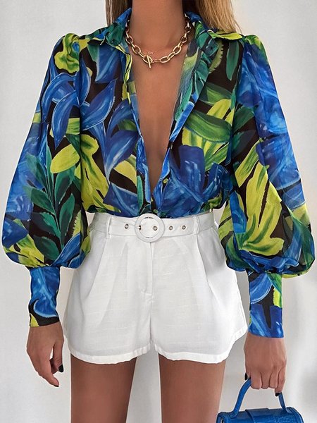 

Floral Loose Shirt Collar Vacation Blouse, Blue, Blouses and Shirts